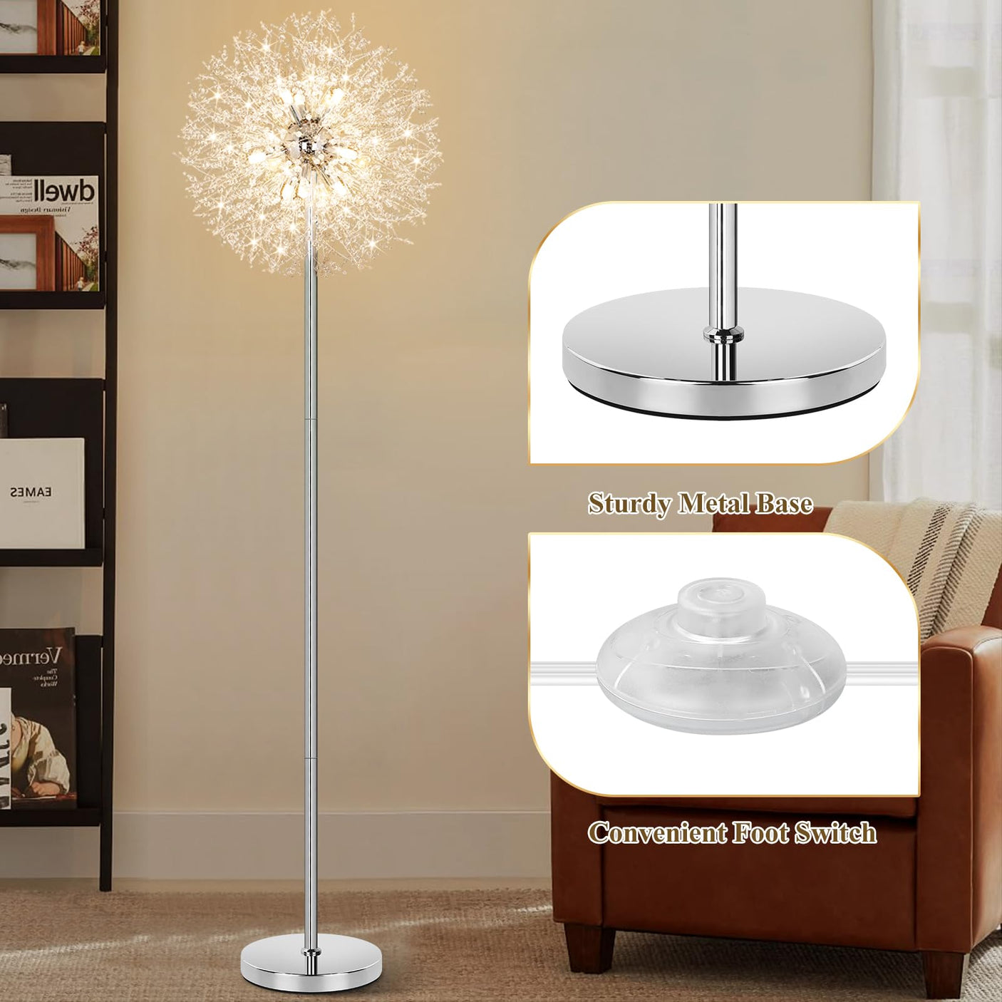 BesLowe 69'' Crystal Floor Lamp for Living Room, Modern Standing Lamp with 738PCS K9 Crystals, Tall Lamp Pole Light for Bedroom Office, Mid Century Gold Floor Lighting with 9 LED Bulbs, Antique Brass