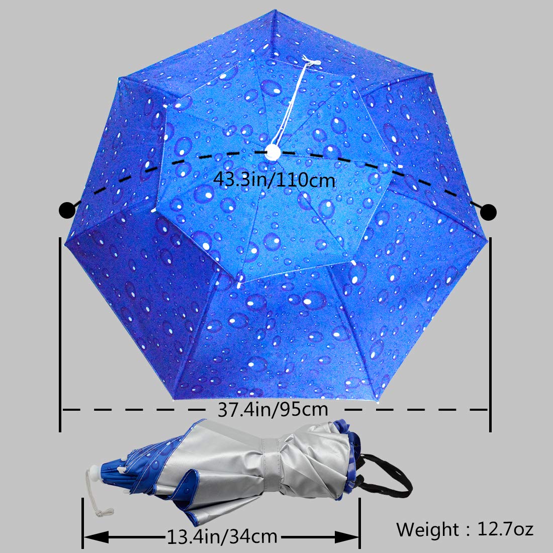 NEW-Vi Fishing Umbrella Hat Folding Adjustable Sun Rain Cap, 37.4”Oversize Hands Free Umbrellas, 7-Ribs Anti-UV Waterproof Headwear for Fishing Gardening Golf Sunshade Outdoor