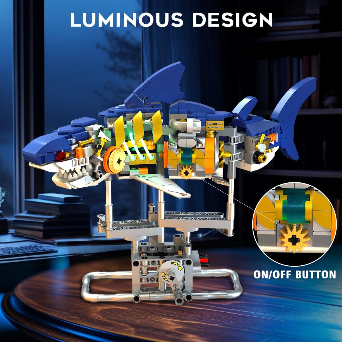 Mechanical Shark Building Set with LED Light, 687 PCS Movable Ocean Animal with Display Stand, Sea Fish Building Block Toy, Home Decor Gift for Adults Teens Kids Boys Ages 12+