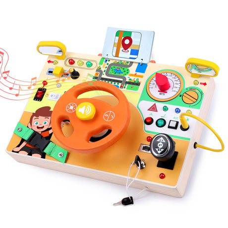 Busy Board, Montessori Toy for 1-3 Years Old, Wooden Toddler Sensory Travel Toy, Ideal Gift for 1+ Year Old Boys (Busy Board Plus V2), Medium, Yellow