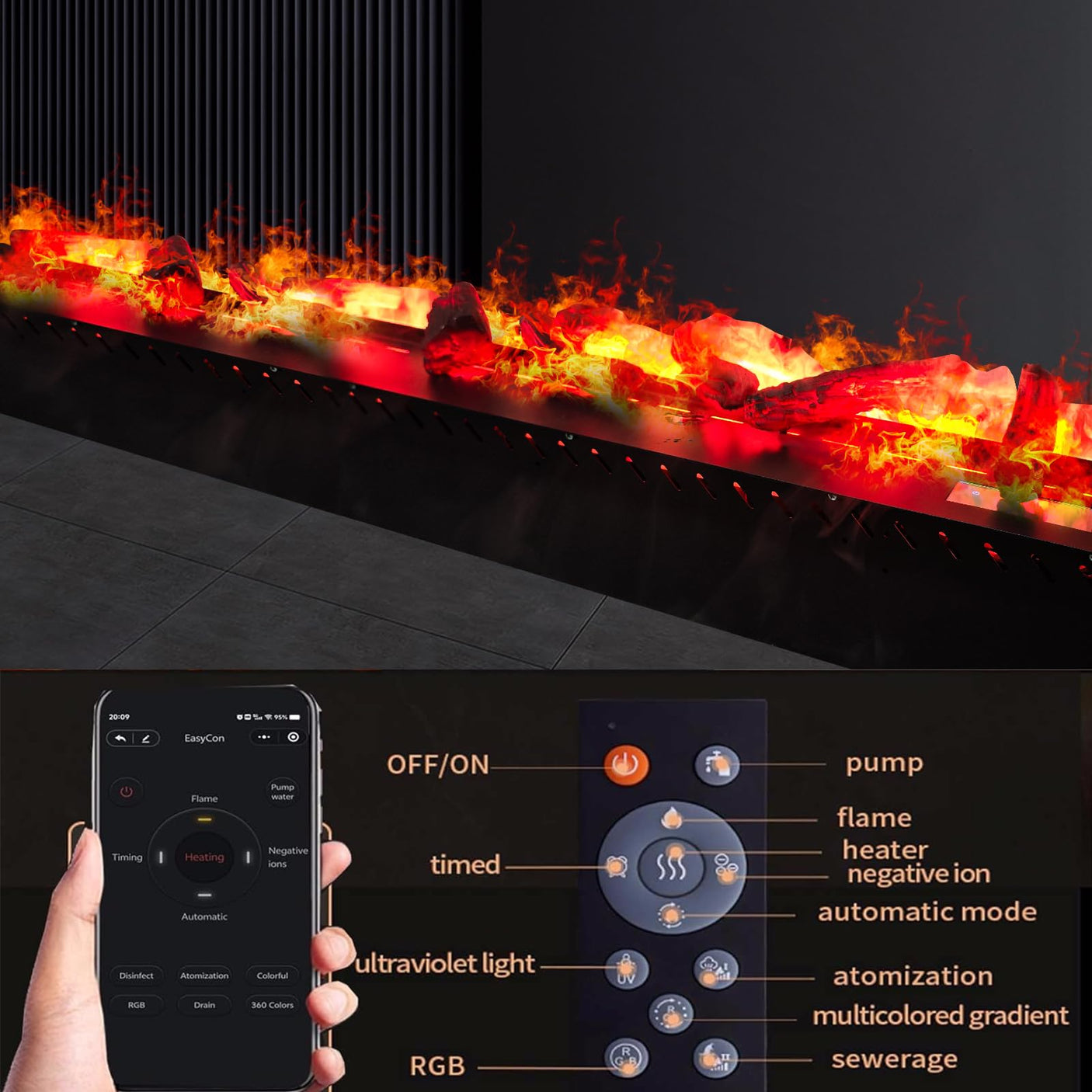 36 inch Water Vapor Fireplace 3D Atomizing Fireplace Recessed Electric Fireplace Remote Control with Timer Touch Simulation Flame Touch Flame Multiple Colors and Flame Adjustment