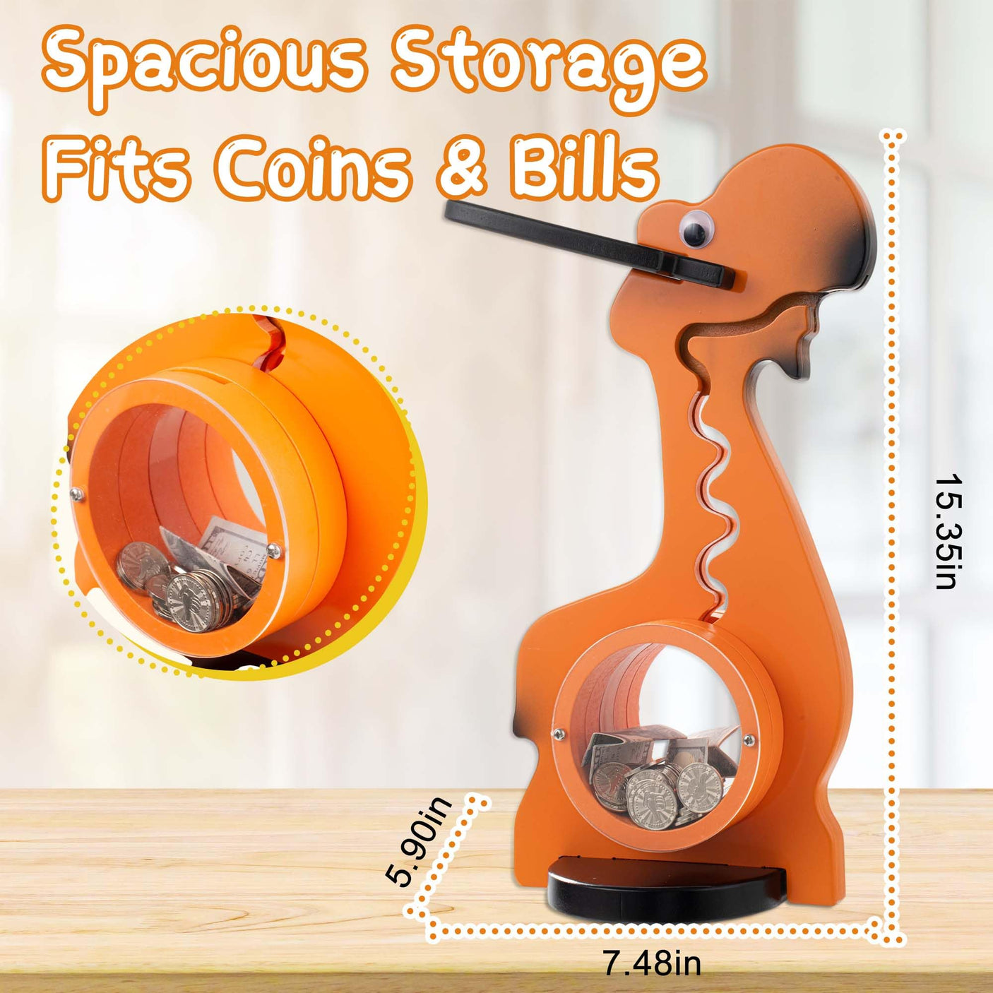 Wooden Dinosaur Piggy Bank Boalord for Boys Kids Girls Clear Big Belly Animal Coin Bank for Toddler Real Money Toy（Dino-Blue）