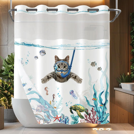 Fowocu Funny Cat Shower Curtain Set Teal Blue Sea Ocean Waterproof Fabric Shower Curtains with Animal Octopus Starfish Turtle Anchor Fish Nautical Bathroom Decor (Blue, 72''×72'')