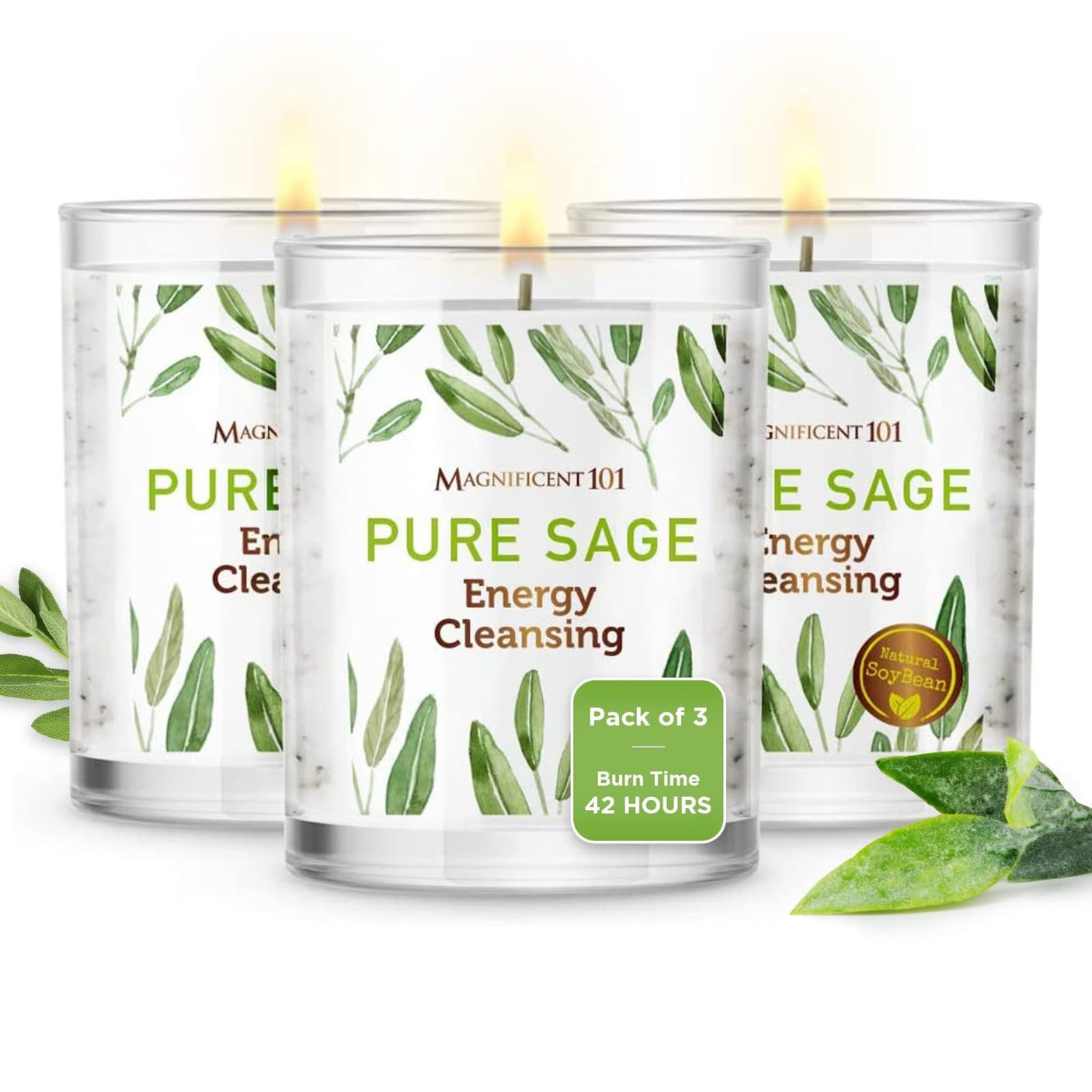 Magnificent 101 Set of 3 Long Lasting Pure Sage Smudge Candles - 42 Hour Burn, 3.5 Oz Each, Made with Soy Wax and Herb, Ideal for House Energy Cleansing, Meditation & Manifestation