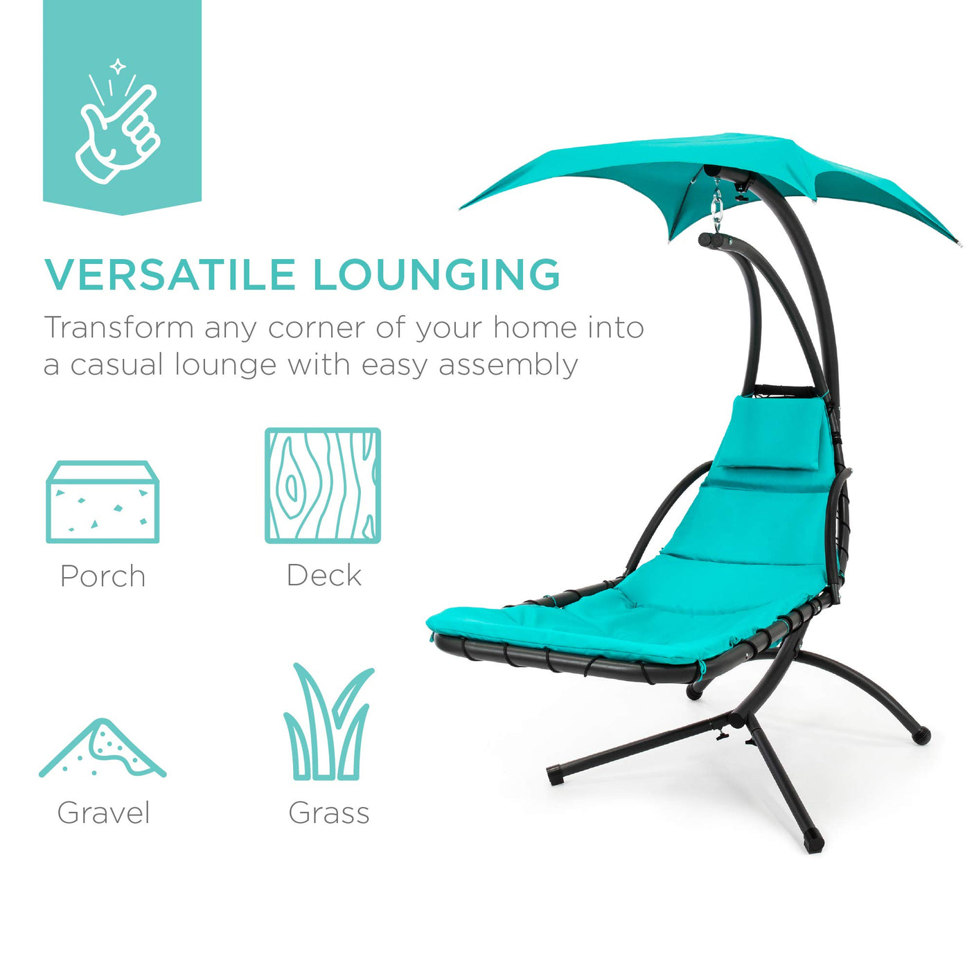 Best Choice Products Outdoor Hanging Curved Steel Chaise Lounge Chair Swing w/Built-in Pillow and Removable Canopy -Red