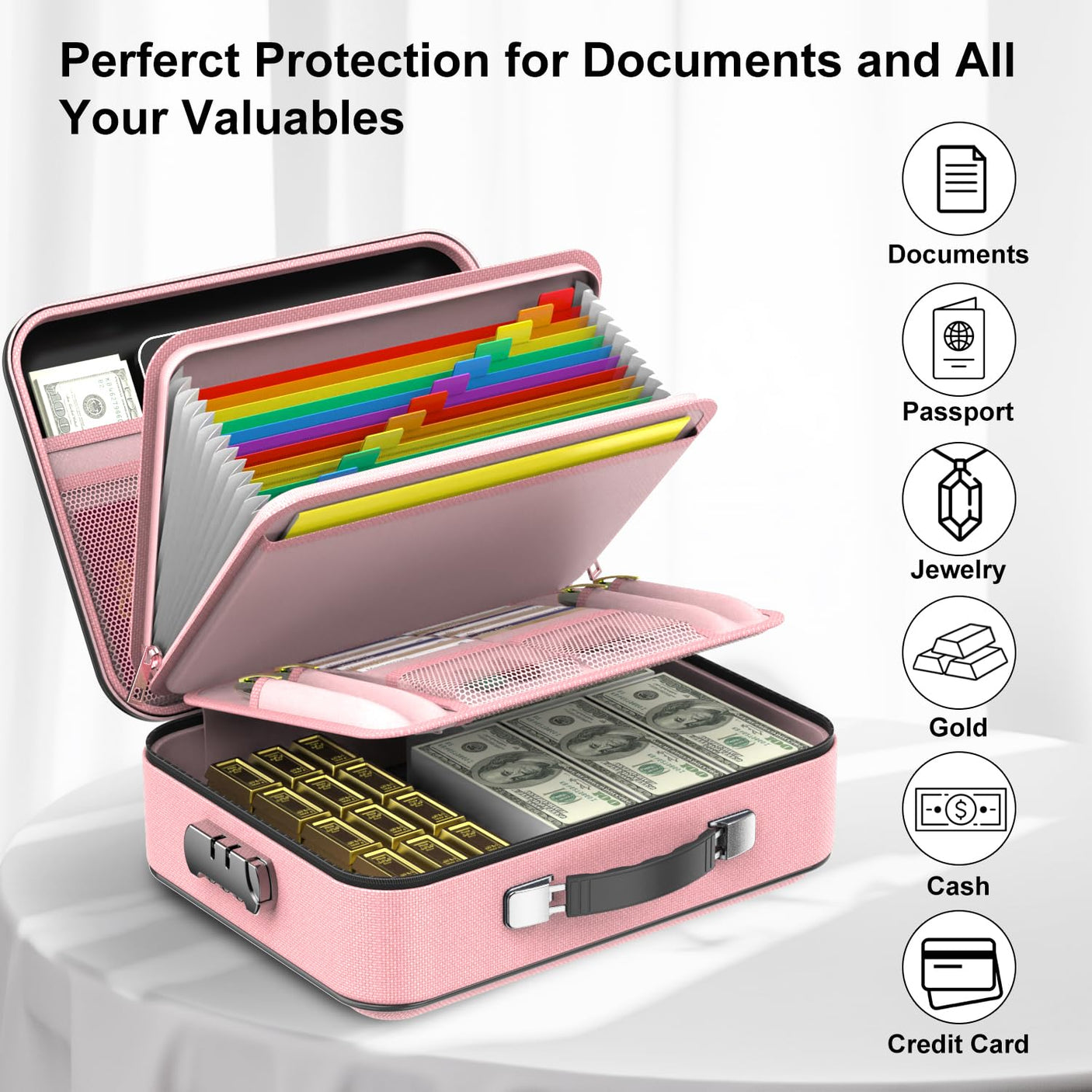 Fireproof Document Box, Hard Case Fireproof File Organizer with Lock Hard-Shell Design Fireproof Water Resistant Safe Box for Important Documents Certificates Laptop Passports Black