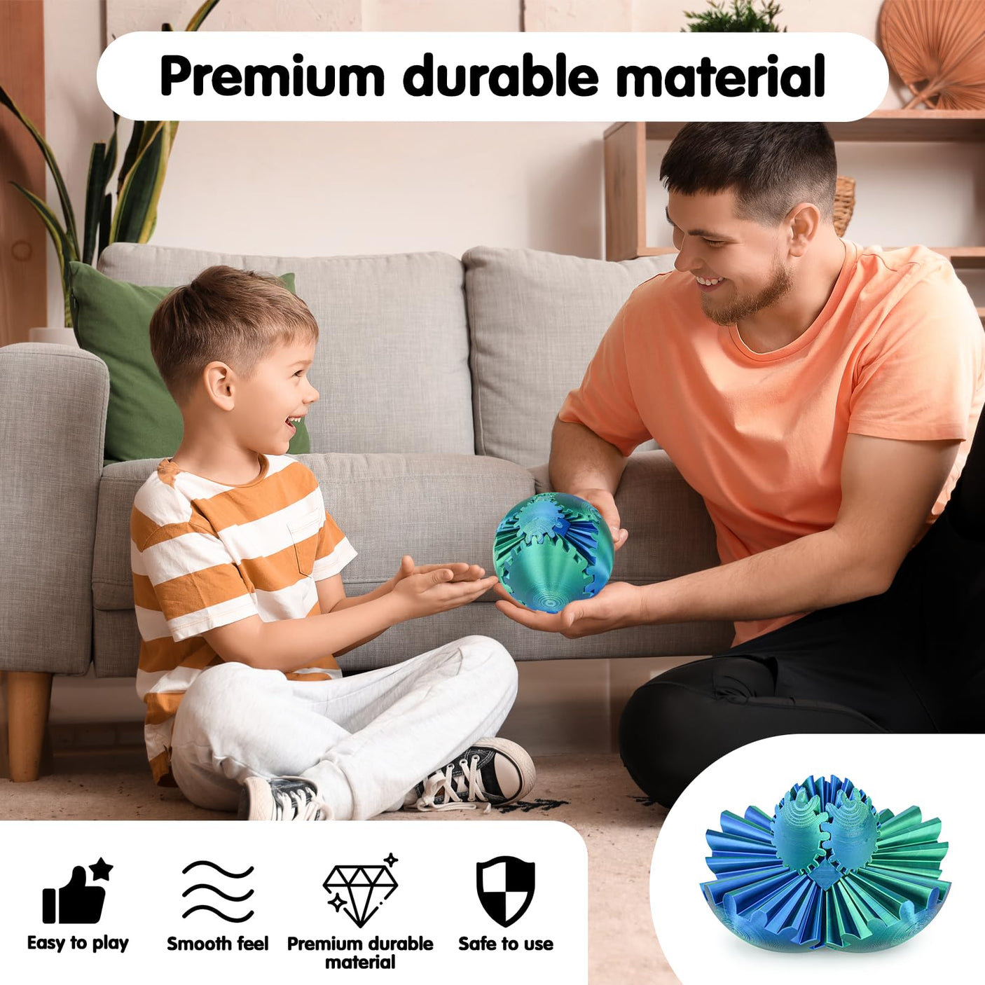 Gear Ball 3D Printed Cube Fidget Toy,Gear Sphere Fidget Toys,Sensory Toys for Stress and Anxiety Relief, Desk Toy Fidget Spinners,Stocking Stuffers for Adults & Kids Gift(Blue Green, 3.1 Inch)