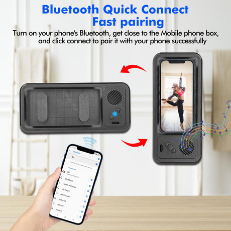 Shower Phone Holder with Wireless Bluetooth Speaker, Waterproof 480 Rotation Viewable Shower Phone Stand Case Mount Speakers for Bathroom Wall Mirro for 4"- 6.8" Cell Phones(Black)