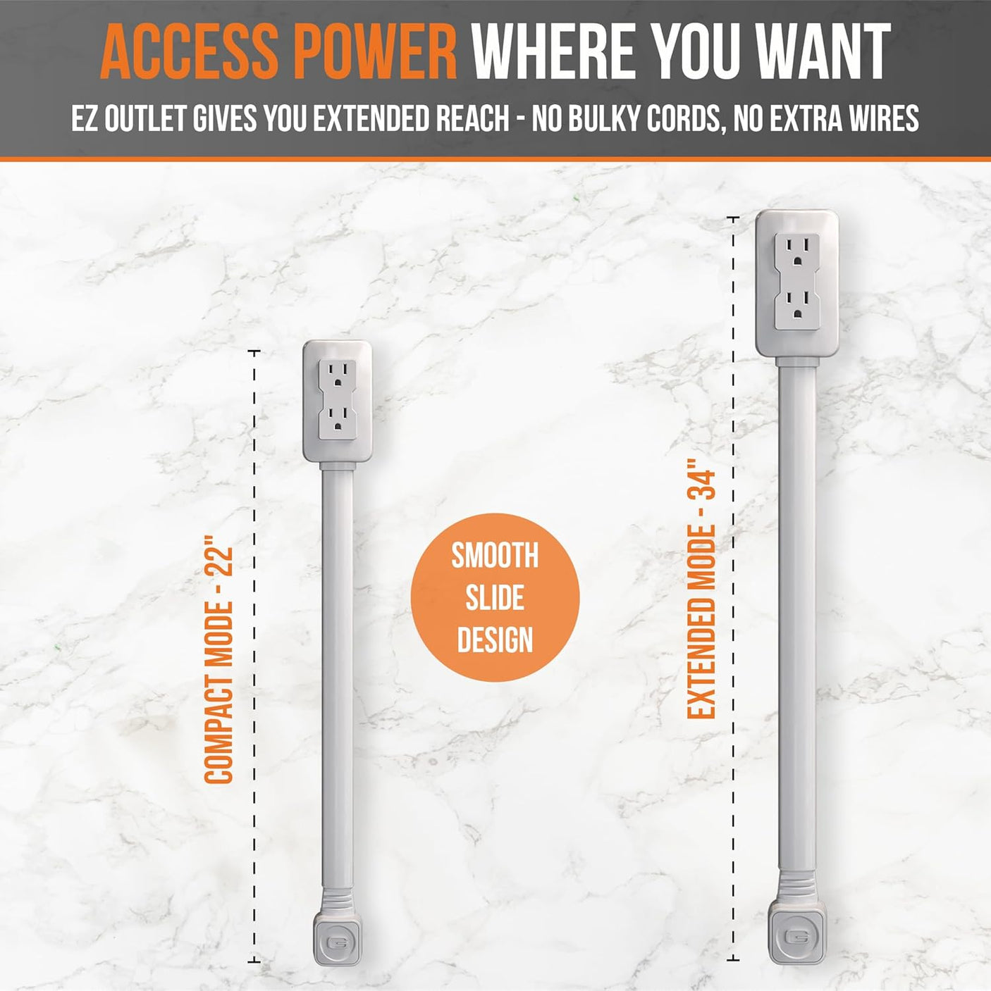 Electrical Outlet Extender. Access Hard-to-Reach Outlets! Features USB-A, USB-C, and 2 AC Outlets, Extends 22"-34", Rotates 180°. Use Behind Couches, Nightstands, Desks, and More.