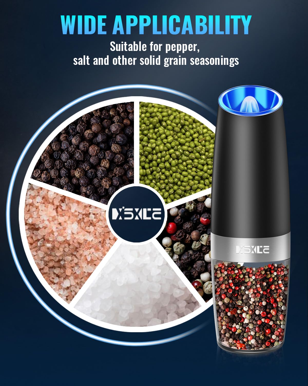 Gravity Electric Pepper and Salt Grinder Set, Salt and Pepper Mill & Adjustable Coarseness, Battery Powered with LED Light, One Hand Automatic Operation, Stainless Steel (Set/Silver)