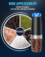 Gravity Electric Pepper and Salt Grinder Set, Salt and Pepper Mill & Adjustable Coarseness, Battery Powered with LED Light, One Hand Automatic Operation, Stainless Steel (Set/Silver)