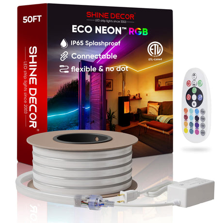 Shine Decor LED RGB Neon Rope Lights AC 120V, Expandable & Cuttable Bright Strip Lighting with Remote, Dimmable Color Changing, ETL Cold-Resistant & IP65 Waterproof for in&Outdoor, 10x20mm, 131.2FT