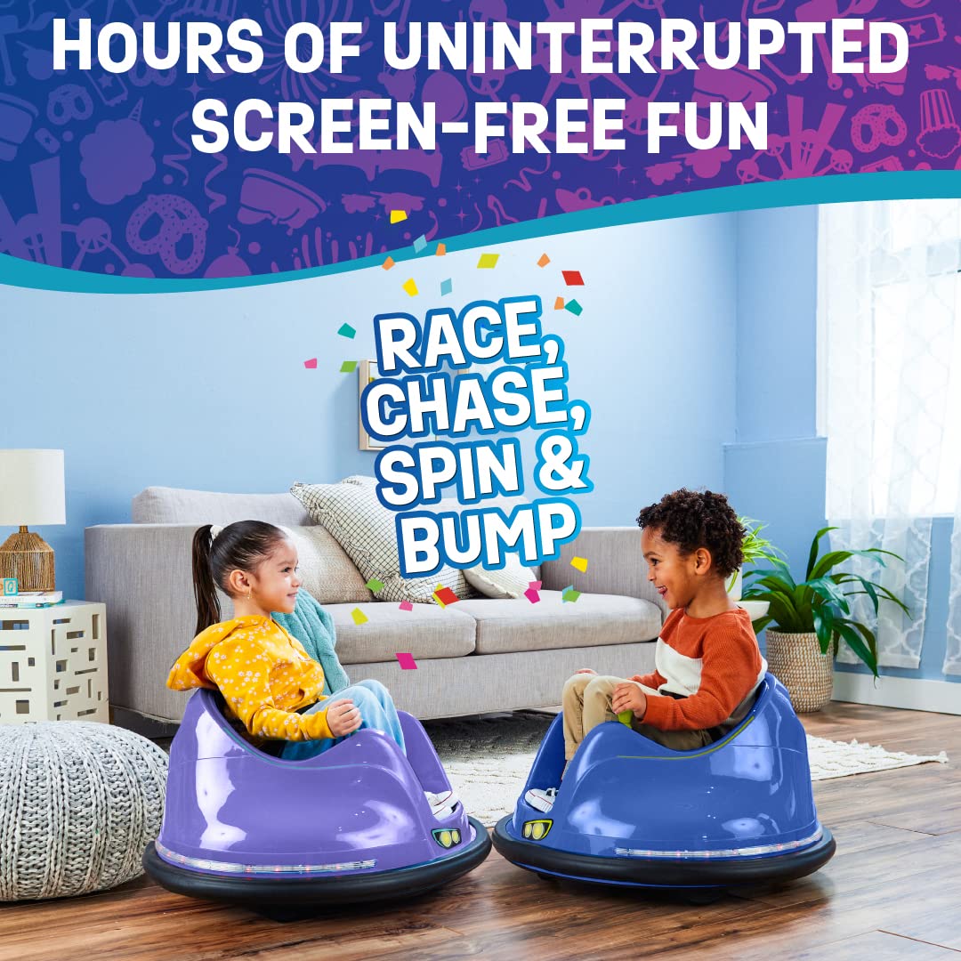 Flybar 6V Blue Glow Bumper Car for Kids – LED Ride-On Toy with 360° Spin, Rechargeable Battery, and Soft Rubber Bumpers – Safe Indoor Fun for Toddlers Ages 1.5+, Up to 66 lbs