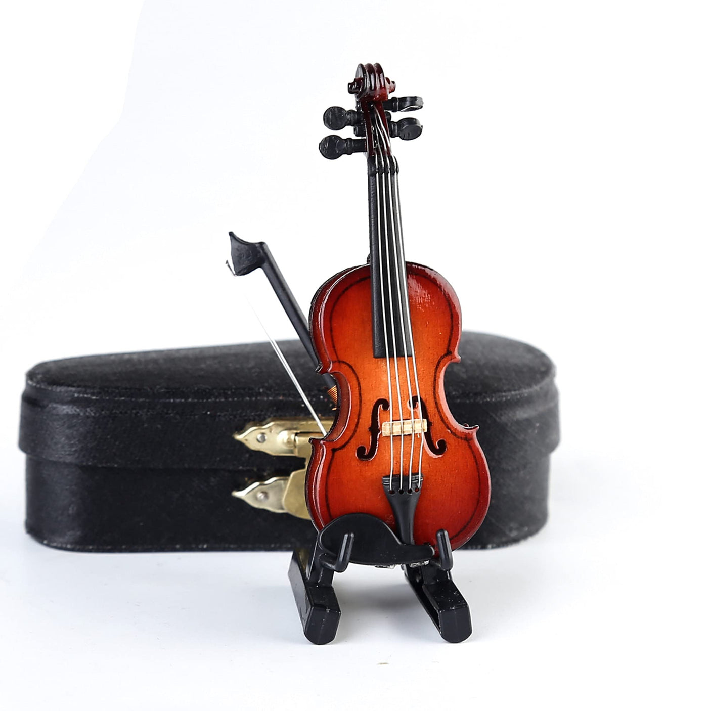 Wooden Miniature Violin with Stand, Bow and Case Mini Musical Instrument Violin Replica Collectible Figurines Dollhouse Accessories Model Home Decoration Display Ornament (3.15"x1.18"x0.59")