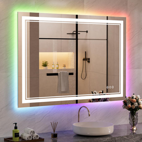 60x30 Inch LED Bathroom Mirror with Lights, Color Changing RGD Backlit and Front Light Mirror,Lighted Vanity Mirrors for Bathroom Wall, Dimmable, Anti-Fog,Shatterproof,Memory