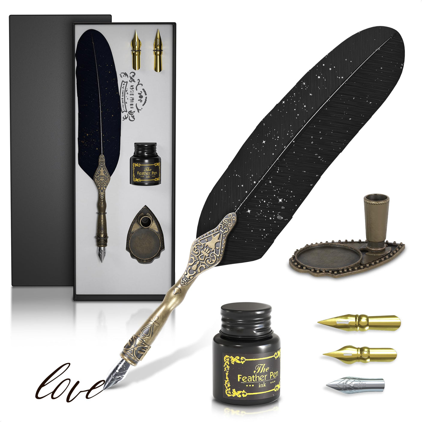 Lagarto Secure Counter Pens - 11.4" Stainless Steel Red Antique Feather Quill Pen and Ink Set with Nib for Calligraphy Practice, Drawing & Signatures - Security Pens for Beginners and Enthusiast