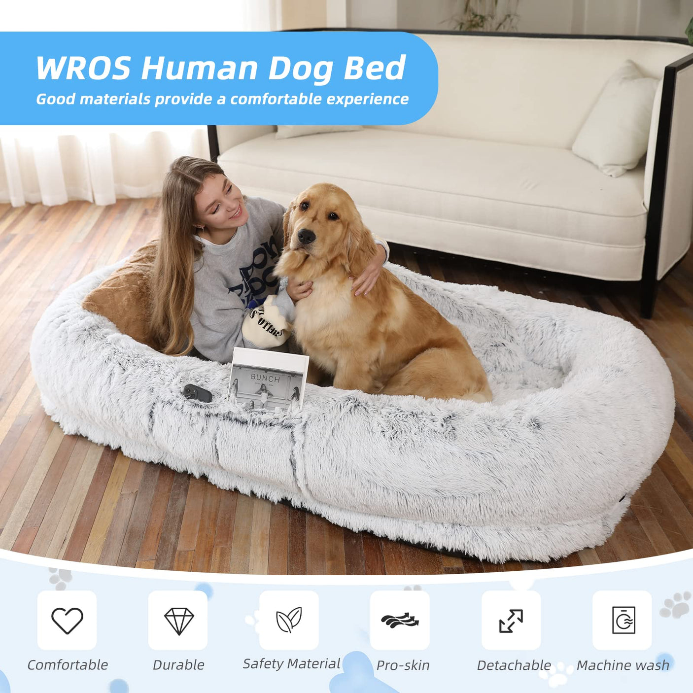 Human Dog Bed, Large Dog Beds for Humans Size Fits You and Pets, Washable Faux Fur Orthopedic Human Pet Bed for People Doze Off, Napping, Present Pillow, Blanket, Strap - Khaki