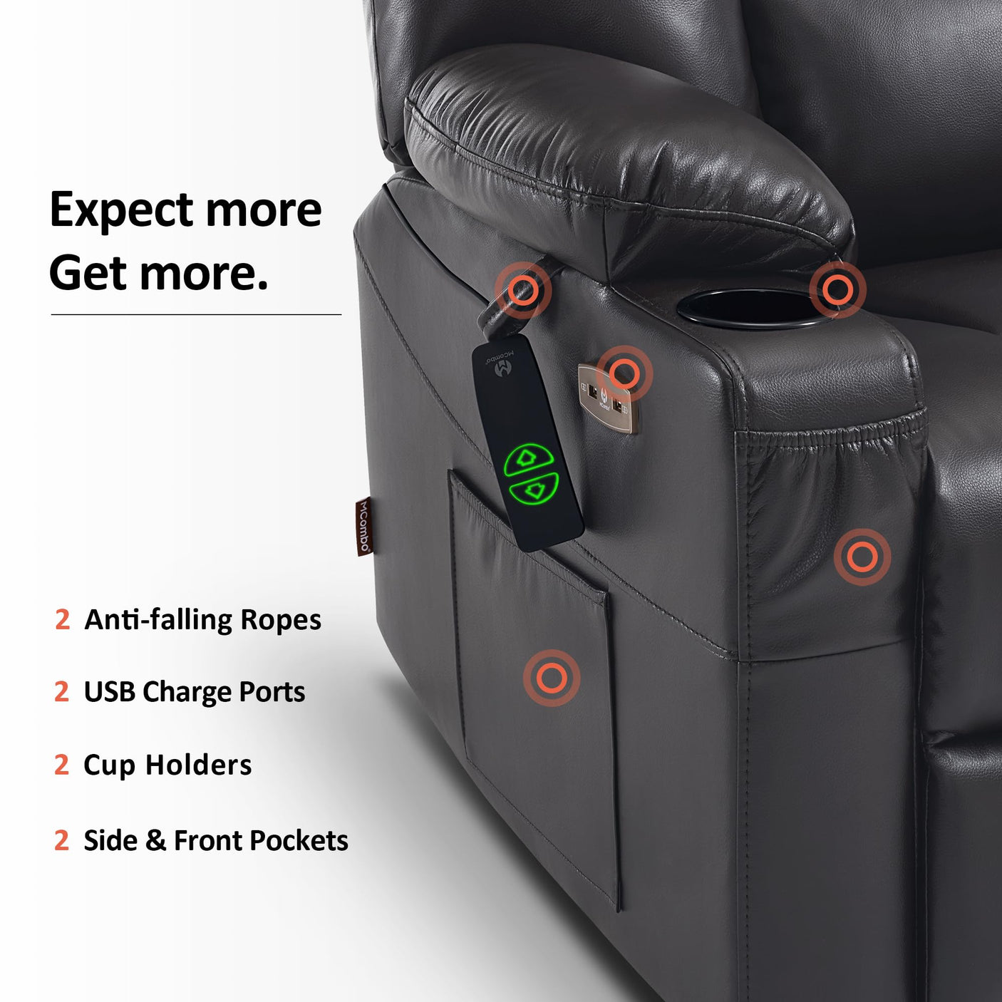MCombo Power Lift Recliner Chair for Elderly, Lift Chair with Heat and Massage, USB Ports, Cup Holders, Faux Leather 7519 (Medium, Dark Brown)