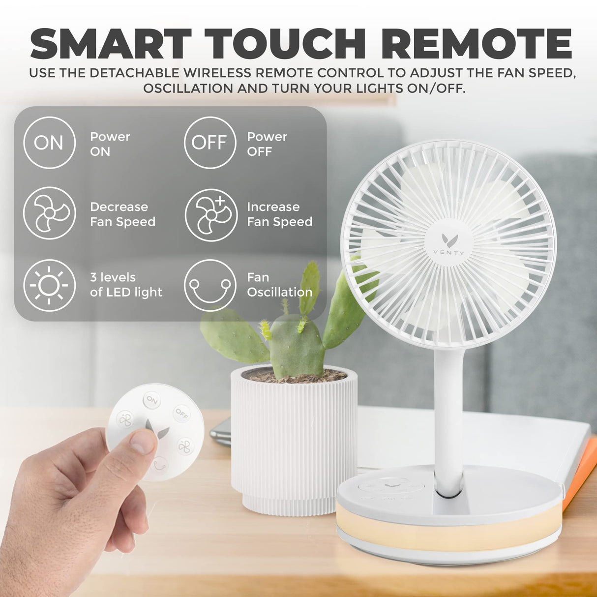 VENTY Original Portable Fan - Wireless Battery Operated Fan With 4 Speeds, LED Lighting, Carry Case & Remote Control - Premium Travel Rechargeable Fan & Power Bank With USB & USB-C Ports (Black)