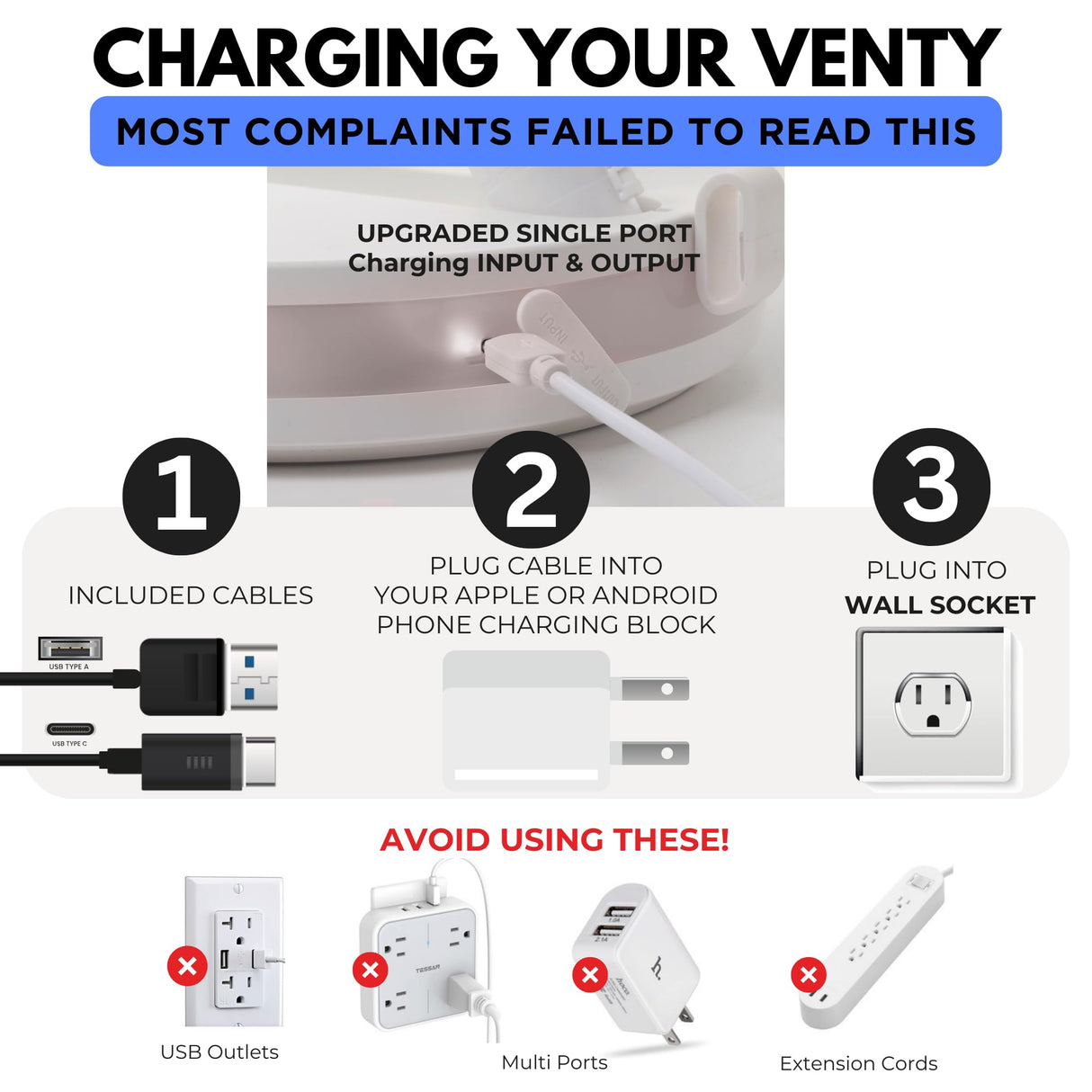 VENTY Original Portable Fan - Wireless Battery Operated Fan With 4 Speeds, LED Lighting, Carry Case & Remote Control - Premium Travel Rechargeable Fan & Power Bank With USB & USB-C Ports (Black)