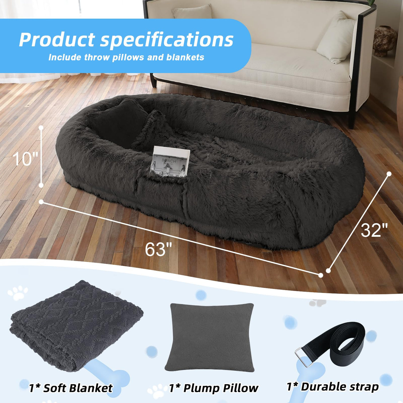 Human Dog Bed, Large Dog Beds for Humans Size Fits You and Pets, Washable Faux Fur Orthopedic Human Pet Bed for People Doze Off, Napping, Present Pillow, Blanket, Strap - Khaki