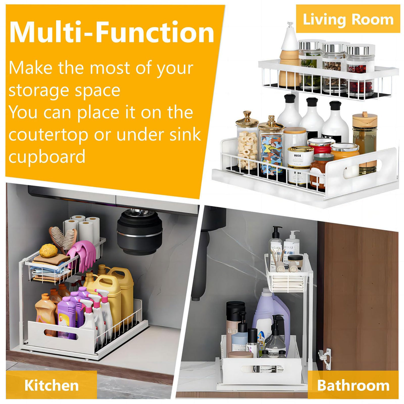 Under Sink Organizers and Storage 2 Tier Slide Out Kitchen Cabinet Organizer Sturdy Metal Bathroom Storage (Black, 1 Pack)