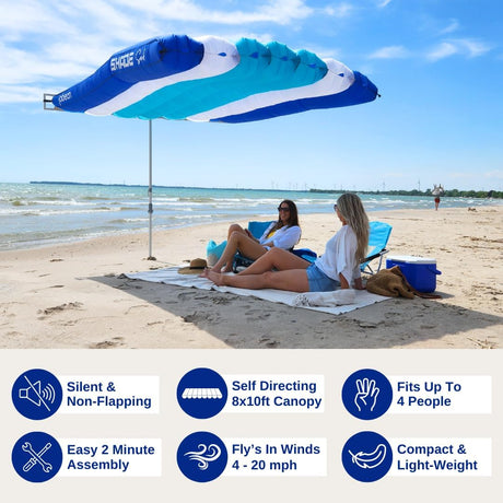 ShadeSock – The World’s 1st Wind-Inflating, Beach Shade – Silent, Non-Flapping Design, 8x10ft Auto-Directing Canopy – Light-Weight and Portable – Easy 2 Minute Set-Up, Blue