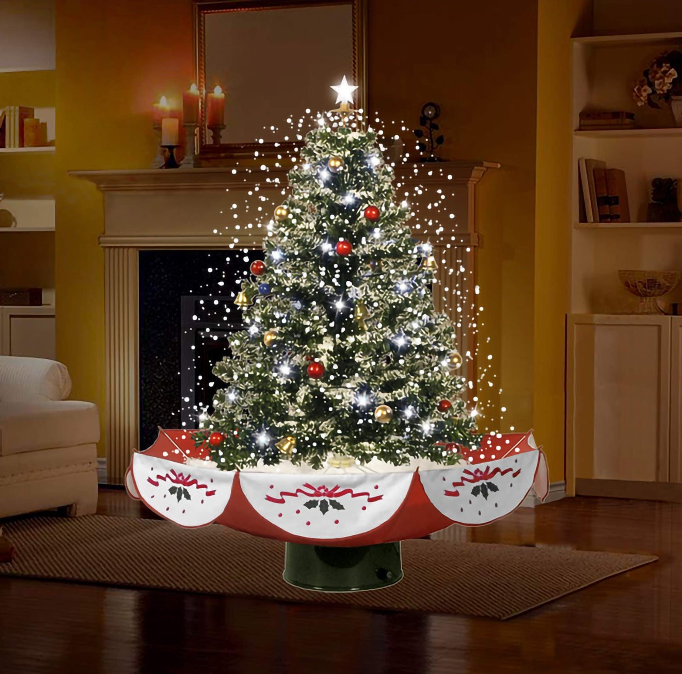 Fraser Hill Farm 29-in. Snowing Musical Christmas Tree with Warm White LED Lights, 25 Christmas Carols, Decorations, Star Topper, and Red Umbrella Base, Festive Xmas Decor for Foyer and Family Room