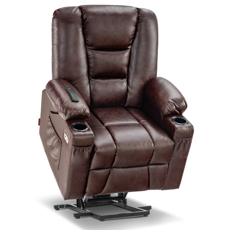 MCombo Power Lift Recliner Chair for Elderly, Lift Chair with Heat and Massage, USB Ports, Cup Holders, Faux Leather 7519 (Medium, Dark Brown)