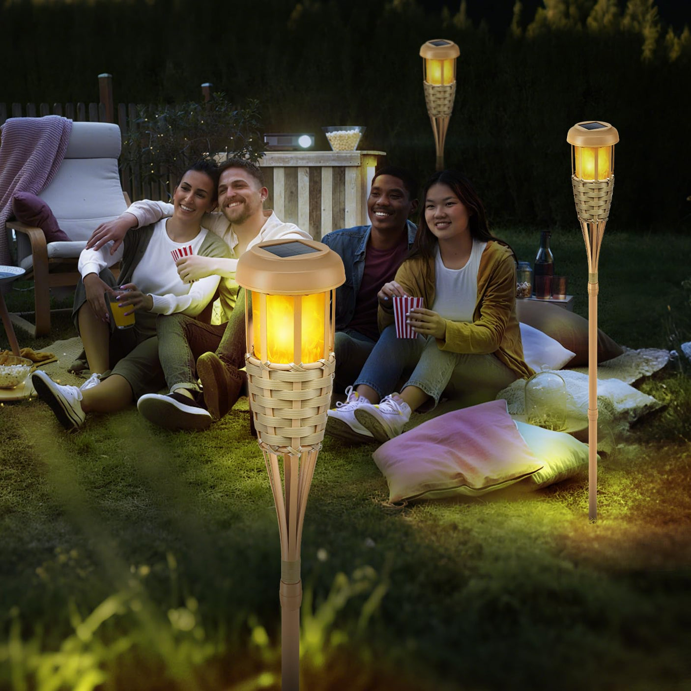 Flickering Flames Solar Powered Lights - Upgraded Solar Torches Waterproof Outdoor Decorative Lighting Auto On/Off, Handmade Bamboo Finish, 2-Pack