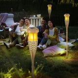 Flickering Flames Solar Powered Lights - Upgraded Solar Torches Waterproof Outdoor Decorative Lighting Auto On/Off, Handmade Bamboo Finish, 2-Pack