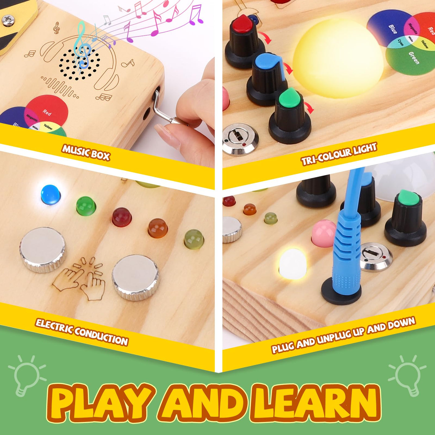 Busy Board, Montessori Toy for 1-3 Years Old, Wooden Toddler Sensory Travel Toy, Ideal Gift for 1+ Year Old Boys (Busy Board Plus V2), Medium, Yellow