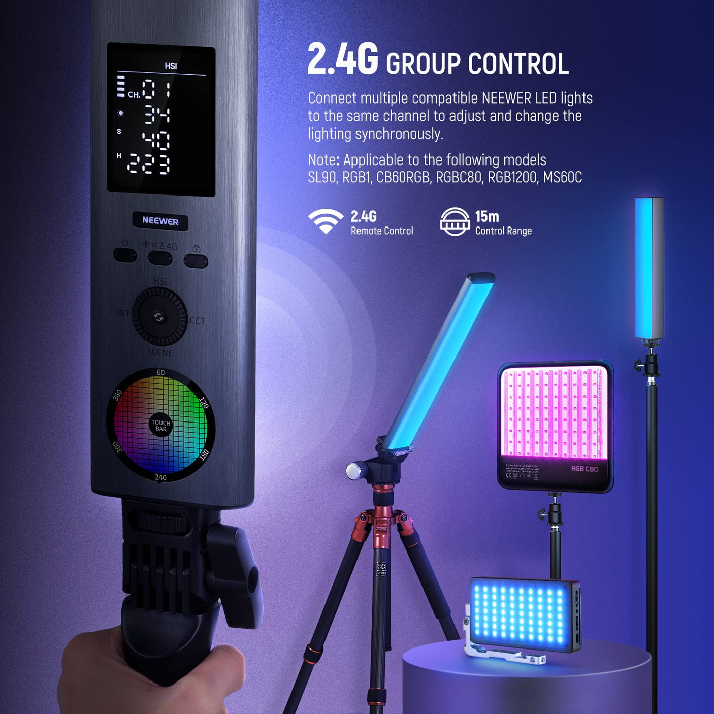 NEEWER RGB LED Video Light Stick, Touch Bar & APP Control, Magnetic Handheld Photography Lighting Wand, Dimmable 3200K~5600K CRI98+ Full Color LED Light with 6400mAh Battery, 17 Scenes, RGB1