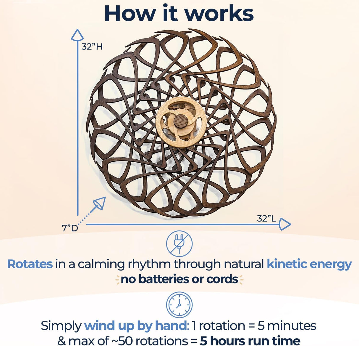 Mindsight Moving Kinetic Wall Art - Wind up to power peaceful motion (no battery) - Calming Wall Décor for Living Room, Office, Bedroom, Kitchen - Hand Crafted Wood - Ripple, Canyon Brown