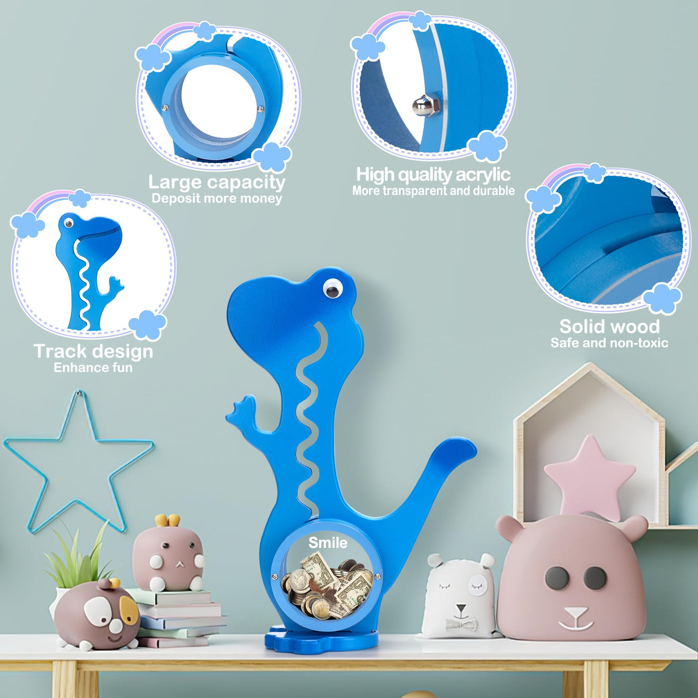 Wooden Dinosaur Piggy Bank Boalord for Boys Kids Girls Clear Big Belly Animal Coin Bank for Toddler Real Money Toy（Dino-Blue）