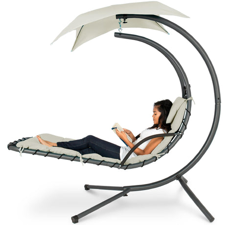 Best Choice Products Outdoor Hanging Curved Steel Chaise Lounge Chair Swing w/Built-in Pillow and Removable Canopy -Red