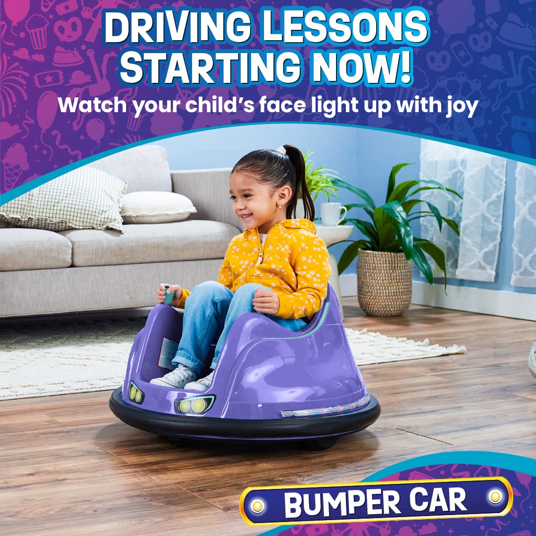 Flybar 6V Blue Glow Bumper Car for Kids – LED Ride-On Toy with 360° Spin, Rechargeable Battery, and Soft Rubber Bumpers – Safe Indoor Fun for Toddlers Ages 1.5+, Up to 66 lbs