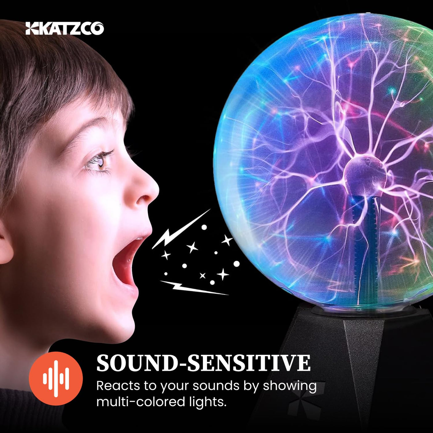 Katzco 7 Inch Plasma Ball Lamp - Touch and Sound Sensitive Electric Globe with Lightning Effects - Plug-in Energy Ball for Parties, Room Decor, and STEM Learning - Static Electricity Sphere for Kids