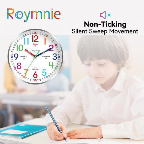 Wall Clock for Kids Learning to Tell Time Easily Non Ticking Battery Operated Kids Teaching Clock Silent Colorful Teaching Time Clock Decorative for Kids Room Classroom School (8 Inch)