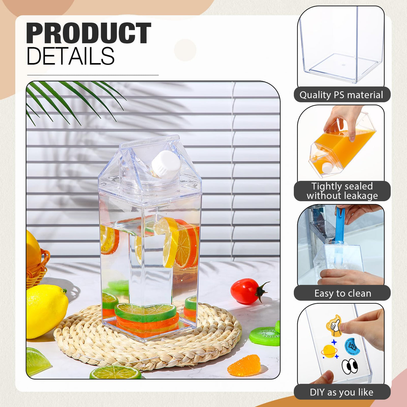 Remerry 3 Pcs Milk Carton Water Bottle Square Plastic Coffee Portable Reusable Milk Carton Cup Leakproof Juice Bottle