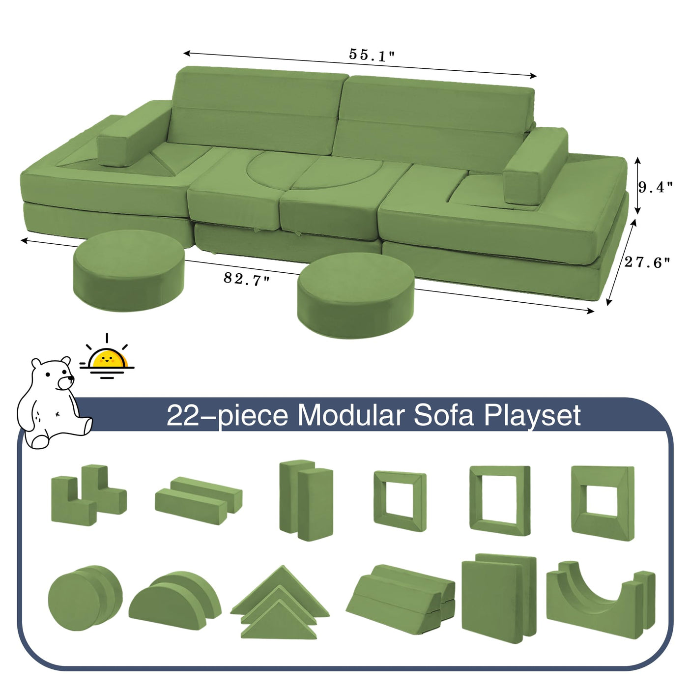 22Pcs Modular Kids Play Couch - Kids Couch for Playroom Bedroom Living Rooms Toddler Sofa for Inspiring Child Creativity，Children Convertible Foam Sofa