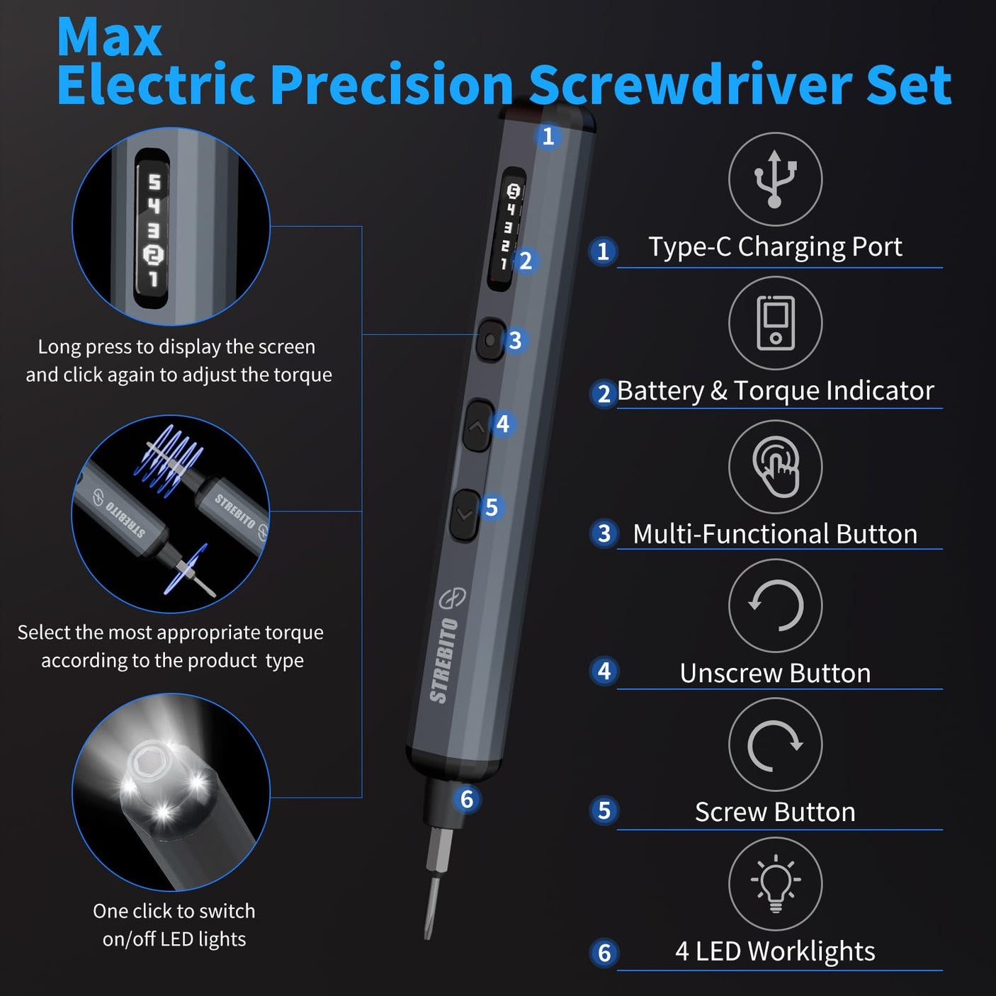 STREBITO Mini Electric Screwdriver Set, 70 in 1 Small Electric Screwdriver Cordless - 64 S2 Preicison Bits, 5 Torque Settings, 4 LED Lights, Mini Power Screwdriver Repair Tool Kit for PC RC Electronic