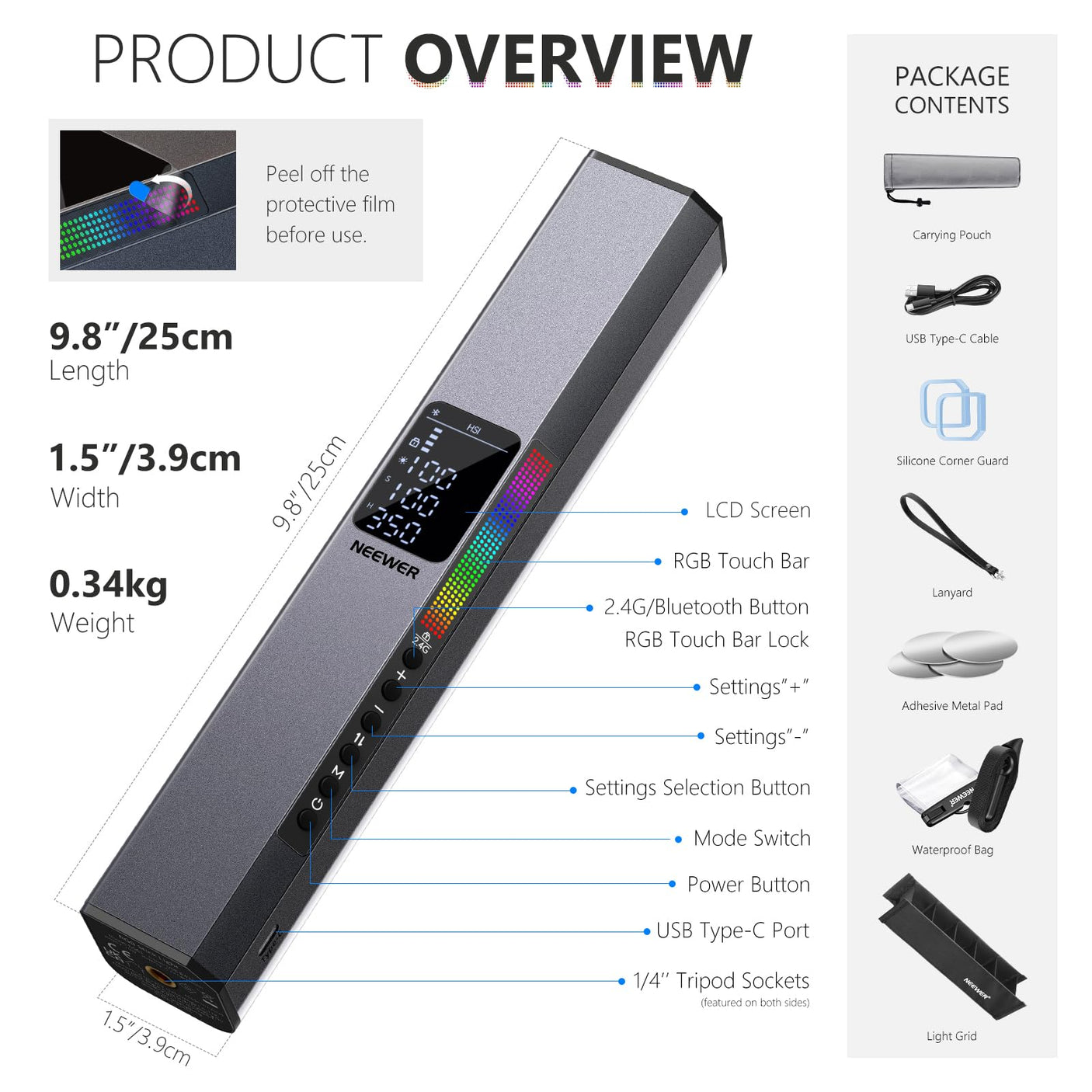 NEEWER RGB LED Video Light Stick, Touch Bar & APP Control, Magnetic Handheld Photography Lighting Wand, Dimmable 3200K~5600K CRI98+ Full Color LED Light with 6400mAh Battery, 17 Scenes, RGB1