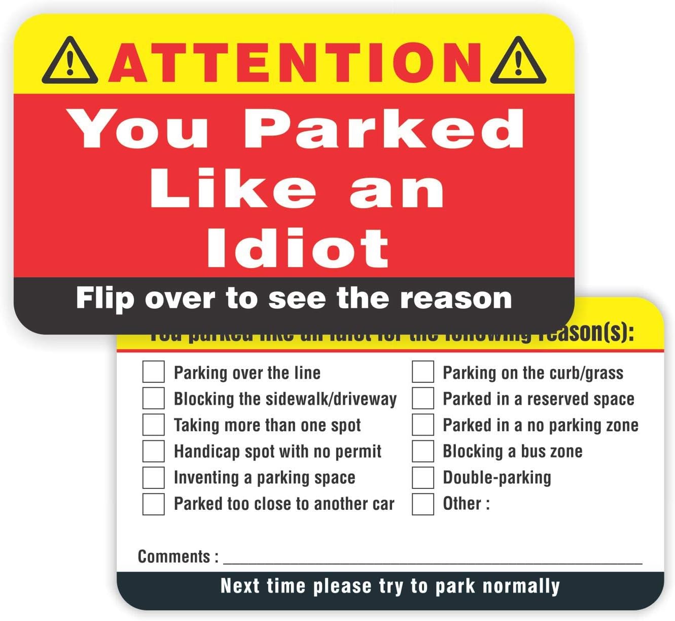 PARTH iMPEX You Parked Like an Idiot Business Cards (Pack of 100) Bad Parking Cards 3.5"x2" Multi Reasons Violation stocking stuffers for adults