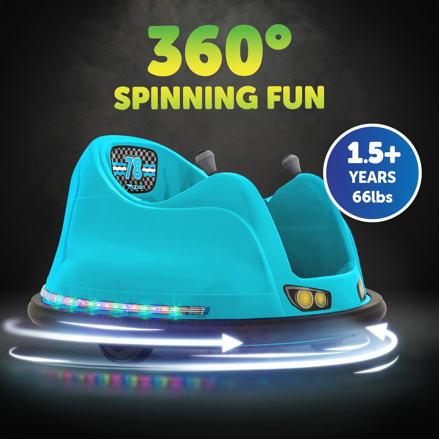 Flybar 6V Blue Glow Bumper Car for Kids – LED Ride-On Toy with 360° Spin, Rechargeable Battery, and Soft Rubber Bumpers – Safe Indoor Fun for Toddlers Ages 1.5+, Up to 66 lbs