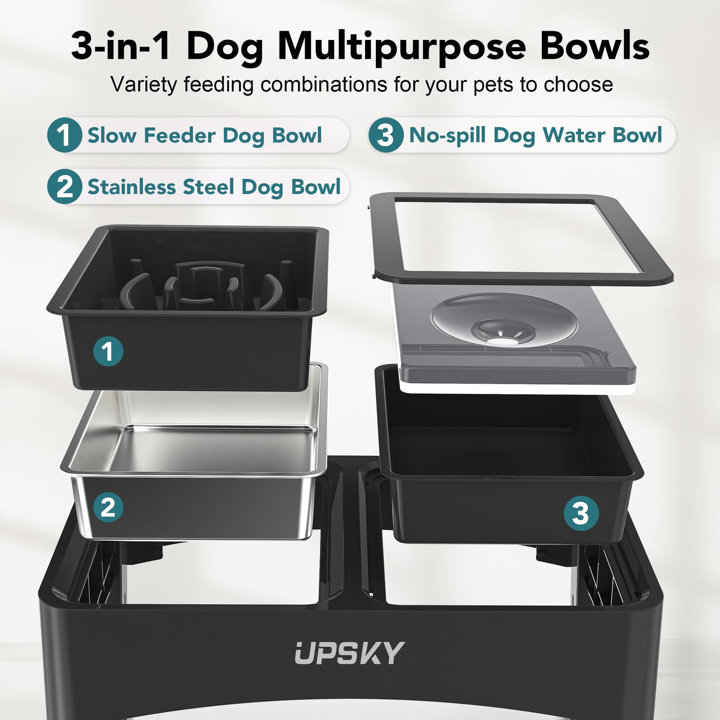 UPSKY 2-in-1 Elevated Dog Bowls Slow Feeder, 4 Height Adjustable Raised Bowls Stand, No Spill Dog Water Bowls, Anti-Slip Food and Water Bowl for Small Medium Dogs(Not Include Stainless Steel Bowl)