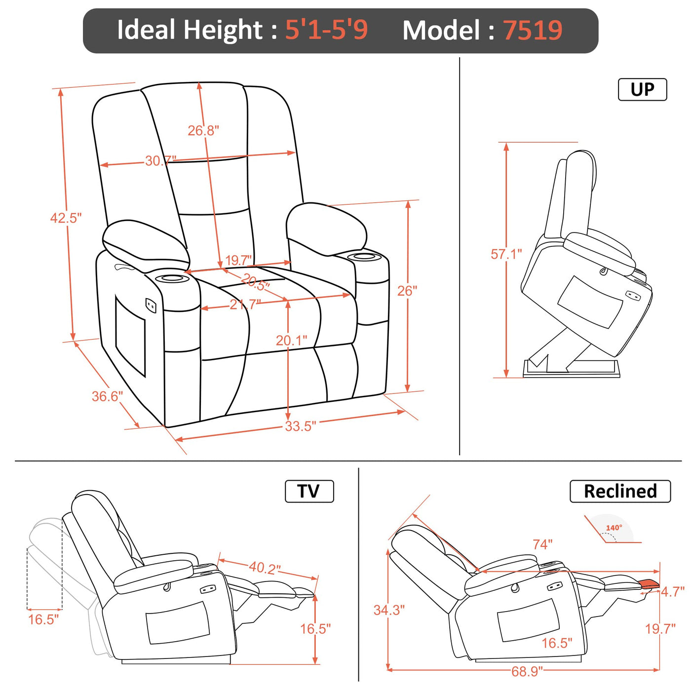 MCombo Power Lift Recliner Chair for Elderly, Lift Chair with Heat and Massage, USB Ports, Cup Holders, Faux Leather 7519 (Medium, Dark Brown)