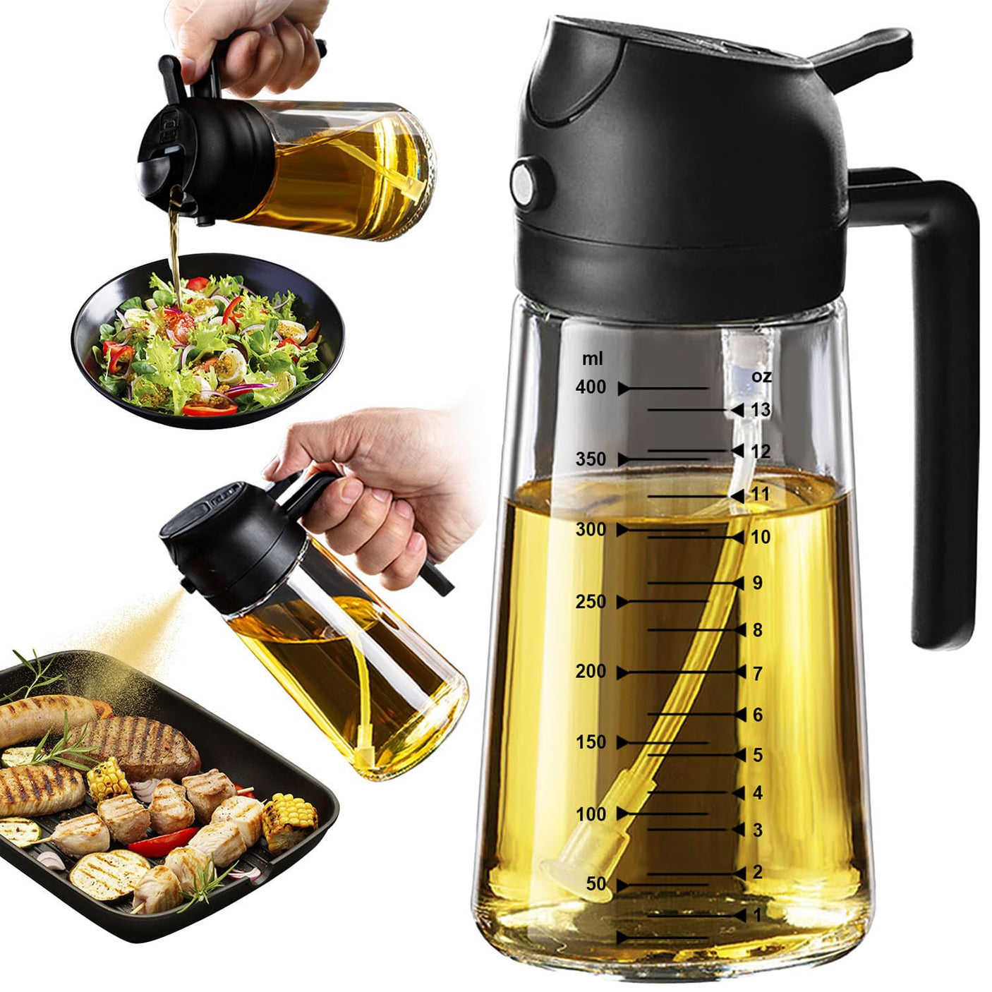 TrendPlain 16oz/470ml Glass Olive Oil Sprayer for Cooking - 2 in 1 Olive Oil Dispenser for Kitchen Gadgets, Air Fryer, Salad, and BBQ - Navy