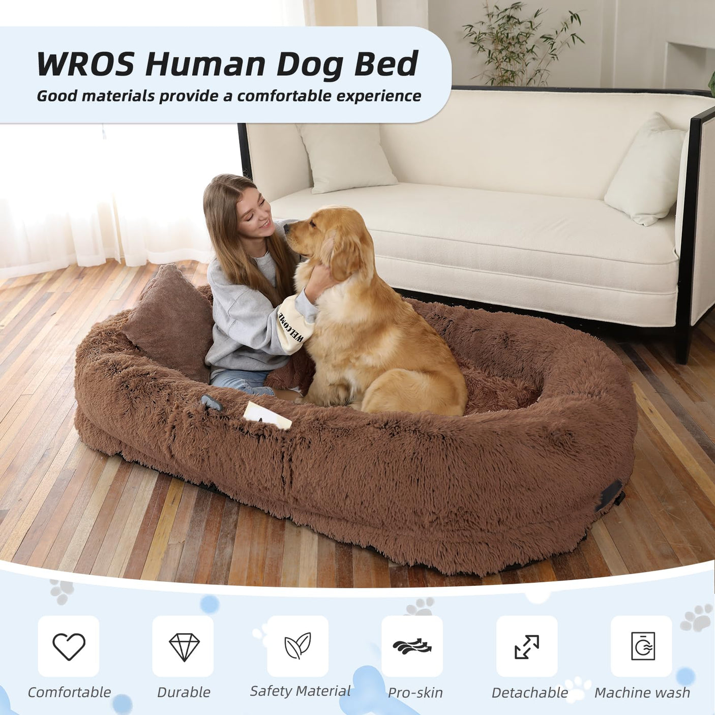 Human Dog Bed, Large Dog Beds for Humans Size Fits You and Pets, Washable Faux Fur Orthopedic Human Pet Bed for People Doze Off, Napping, Present Pillow, Blanket, Strap - Khaki