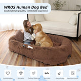 Human Dog Bed, Large Dog Beds for Humans Size Fits You and Pets, Washable Faux Fur Orthopedic Human Pet Bed for People Doze Off, Napping, Present Pillow, Blanket, Strap - Khaki